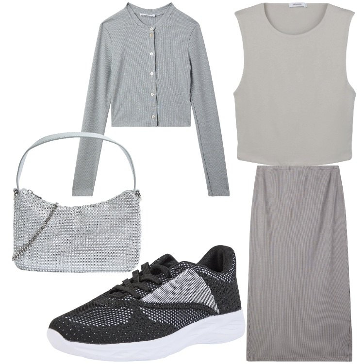 Outfit donna - Grigio total. Stile Sporty chic per Serata fuori. Abbinamento con gonne longuette, cardigans, borse a tracolla, sneakers, top.
