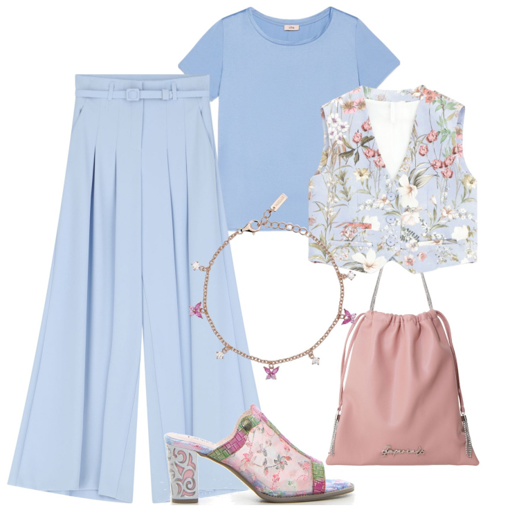 Outfit donna - Color cielo & mix pastel - @ambrosiajsi. Stile Trendy per Tutti i giorni. Abbinamento con braccialetti, borse a secchiello, pantaloni, gilet, t-shirt, sabot.