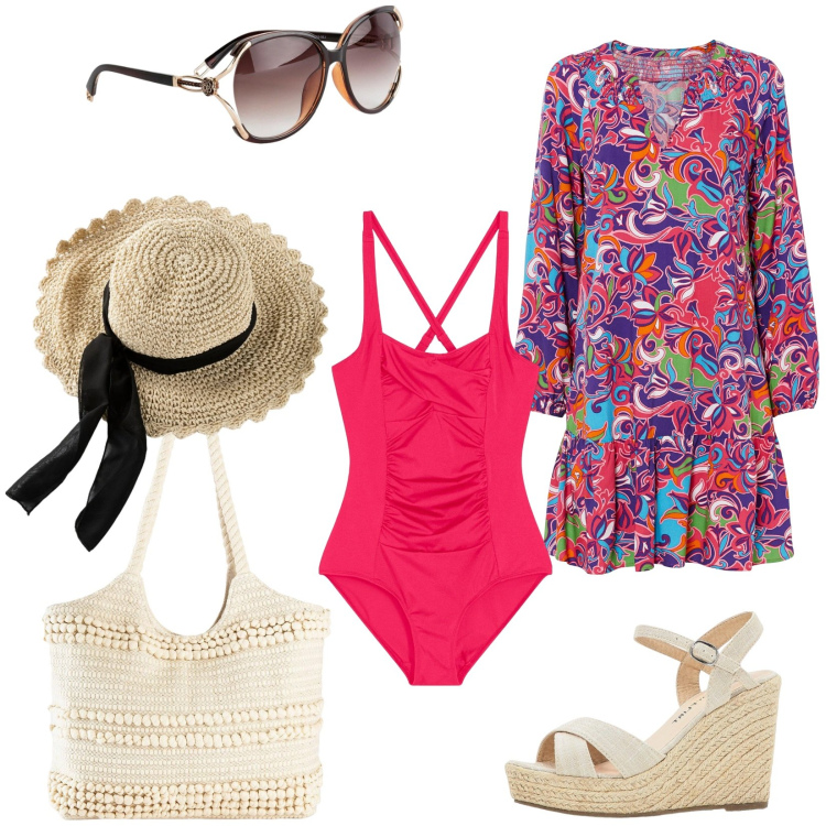 Outfit donna - Pronta per l\'estate con Bonprix. Stile Casual chic per Mare. Abbinamento con vestiti, occhiali da sole, cappelli, sandali, costumi interi, shopping bag.