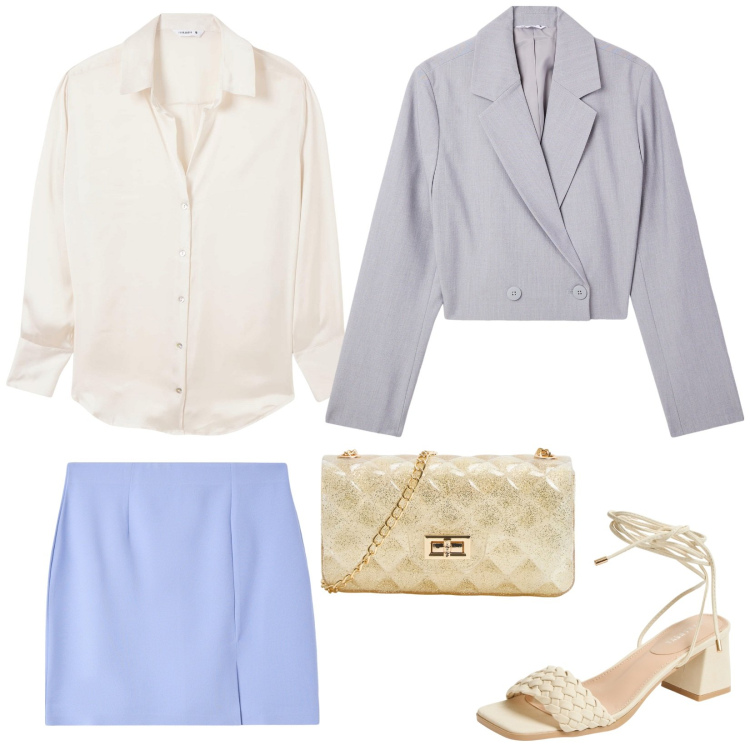 Outfit donna - Una tenue cerimonia. Stile Preppy per Cerimonia. Abbinamento con borse a tracolla, camicie, minigonne, blazer, sandali alla schiava.