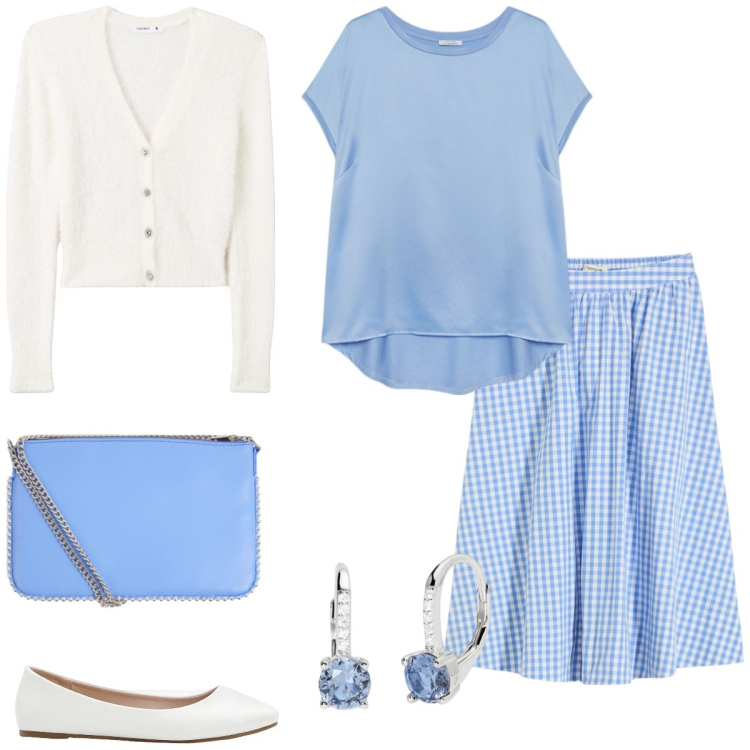 Outfit donna - Quadretti. Stile Preppy per Tutti i giorni. Abbinamento con ballerine, gonne longuette, borse a tracolla, cardigans, orecchini, bluse.