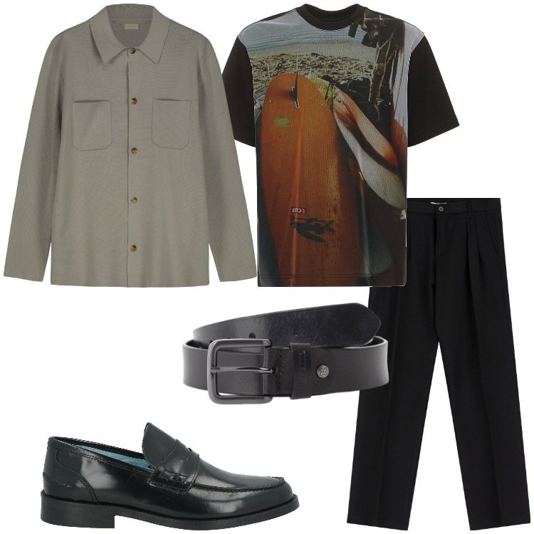 Outfit uomo - T-shirt grafiche d’autore. Stile Trendy per Serata speciale. Abbinamento con scarpe stringate, cinture, pantaloni, cardigans, t-shirt.
