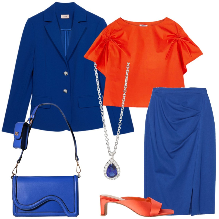 Outfit donna - Color block. Stile Chic per Tutti i giorni. Abbinamento con gonne longuette, collane, pochette, blazer, sabot, bluse.