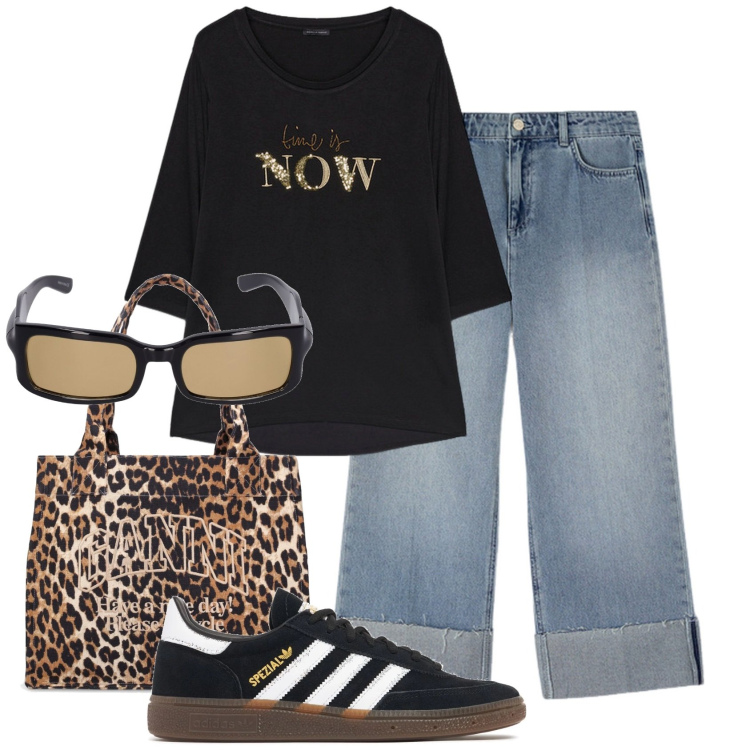 Outfit donna - La t-shirt over. Stile Urban per Tutti i giorni. Abbinamento con t-shirt, shopping bag, occhiali da sole, sneakers, jeans.