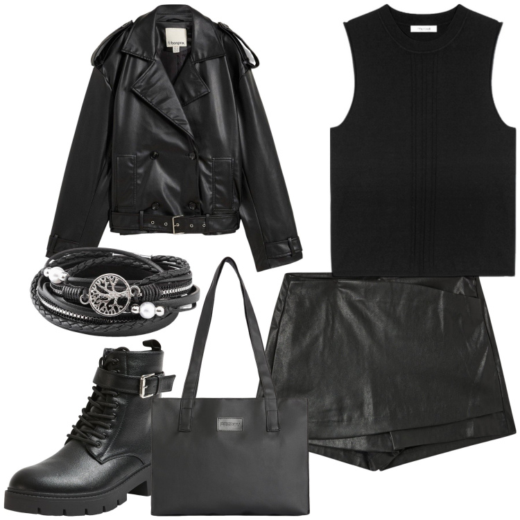 Outfit donna - Economico rock. Stile Rock per Tutti i giorni. Abbinamento con braccialetti, trench, minigonne, anfibi, shopping bag, top.