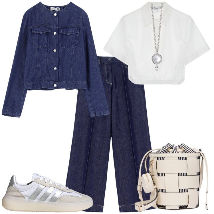 Outfit donna - Total look #2128550. Stile Mannish per Tutti i giorni. Abbinamento con collane, camicie a manica corta, jeans, blazer, borse a secchiello, sneakers.