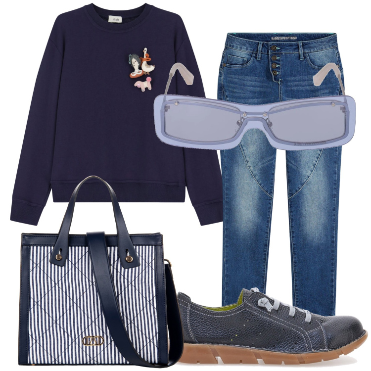 Outfit donna - Sabato a spasso. Stile Casual per Tutti i giorni. Abbinamento con jeans boyfriend, shopping bag, felpe, scarpe stringate, occhiali da sole.