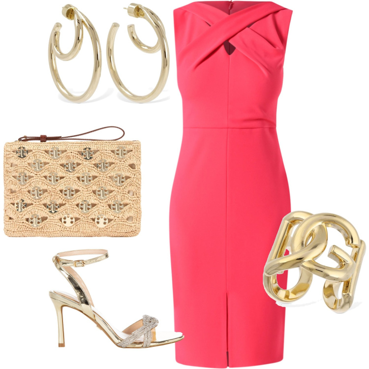 Outfit donna - Intrecci di stile. Stile Glamour per Cerimonia. Abbinamento con vestiti a tubino, sandali col tacco, anelli, orecchini, pochette.