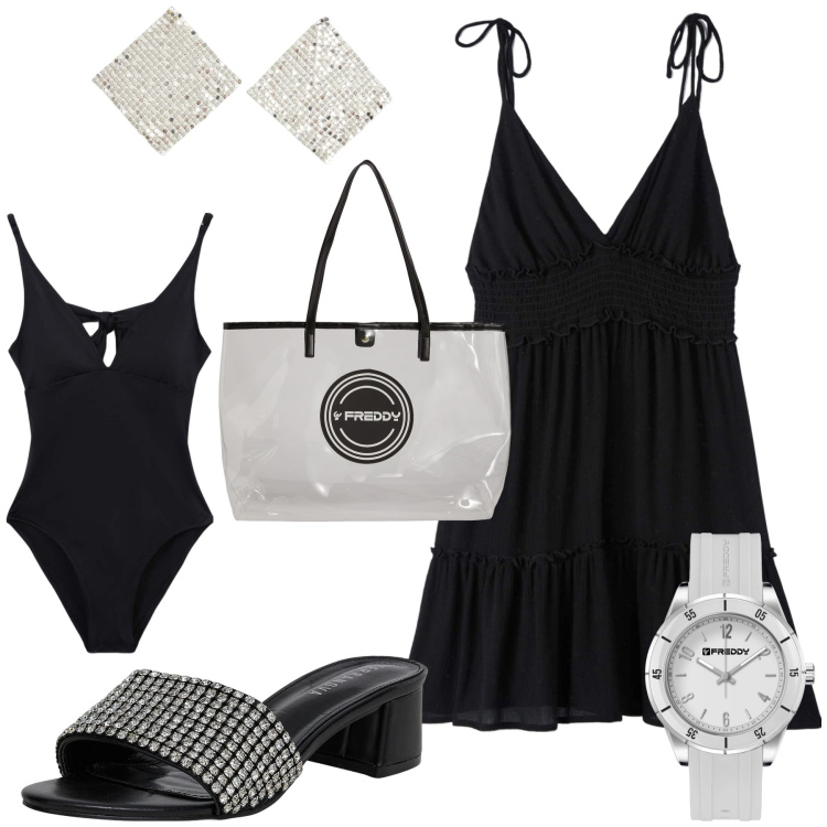 Outfit donna - Spiaggia brillante. Stile Glamour per Mare. Abbinamento con vestiti, costumi interi, ciabatte, orecchini, shopping bag, orologi.