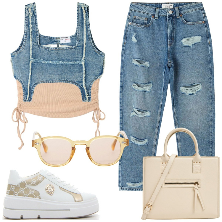 Outfit donna - Mamma alla moda. Stile Trendy per Tutti i giorni. Abbinamento con canottiere, top, jeans mom, shopping bag, occhiali da sole, sneakers.