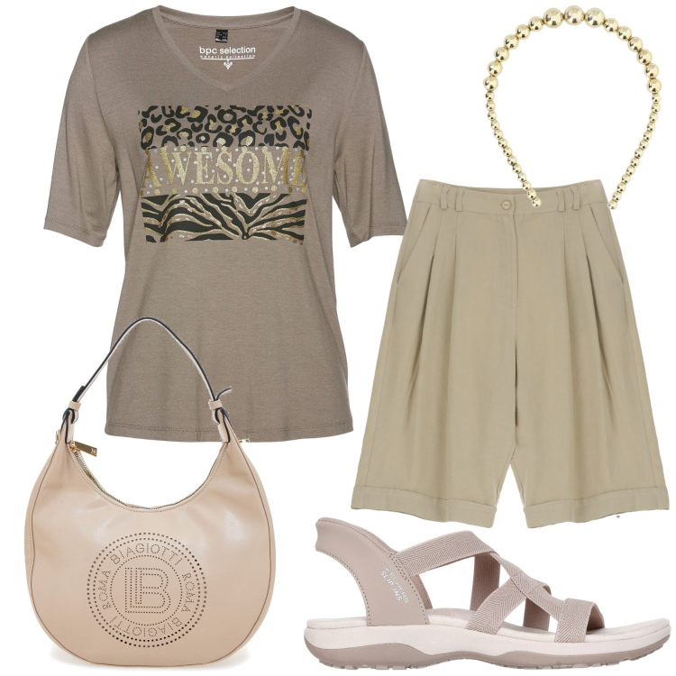 Outfit donna - Con amica. Stile Basic per Tutti i giorni. Abbinamento con t-shirt, bermuda, cerchietti, sandali col tacco, borse a spalla.