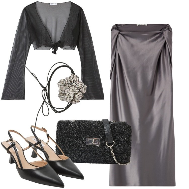 Outfit donna - Terranova abito corto effetto raso. Stile Glamour per Serata fuori. Abbinamento con vestiti corti, sabot, collane, bolero, borse a tracolla.