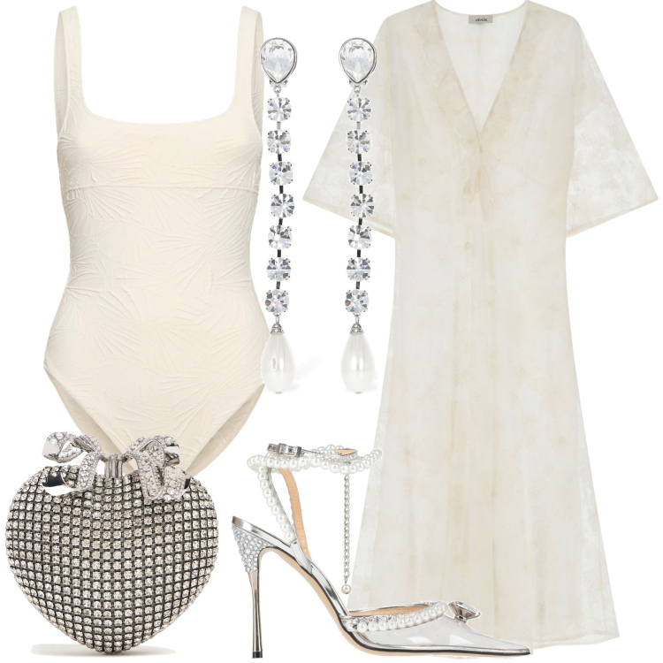 Outfit donna - Romantica sposa sulla spiaggia. Stile Romantica per Cerimonia. Abbinamento con décolleté, vestiti midi/longuette, costumi interi, orecchini, pochette.