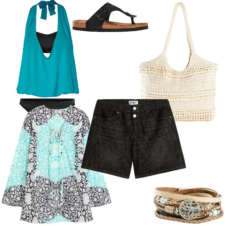 Outfit donna - bonsummer. Stile Casual per Mare. Abbinamento con vestiti da spiaggia, braccialetti, infradito, costumi interi, shopping bag, shorts.