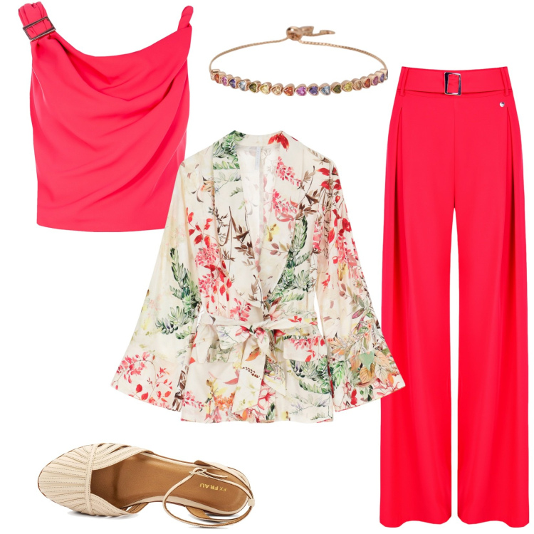 Outfit donna - A pranzo per la festa della mamma. Stile Chic per Serata fuori. Abbinamento con braccialetti, pantaloni, top, blazer, sandali.