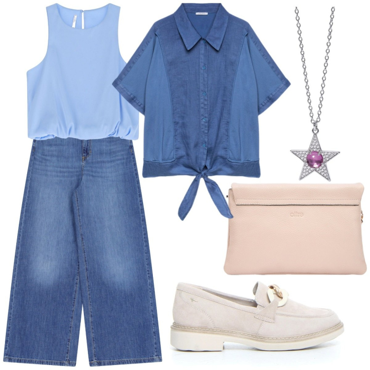 Outfit donna - Colori neutri. Stile Sporty chic per Tutti i giorni. Abbinamento con ciondoli, top, jeans, mocassini, camicie, borse a tracolla.
