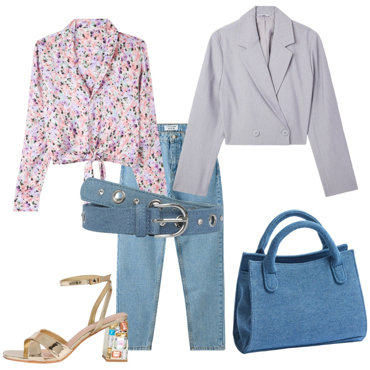 Outfit donna - Primo giorno di un nuovo lavoro. Stile Casual chic per Ufficio. Abbinamento con jeans mom, cinture, blazer, camicie, borse a tracolla, sandali gioiello.