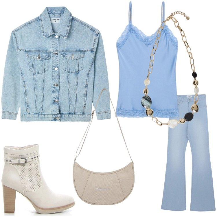 Outfit donna - Cielo e jeans. Stile Casual per Serata fuori. Abbinamento con cappotti, jeans a zampa, borse a spalla, collane, top, stivaletti.