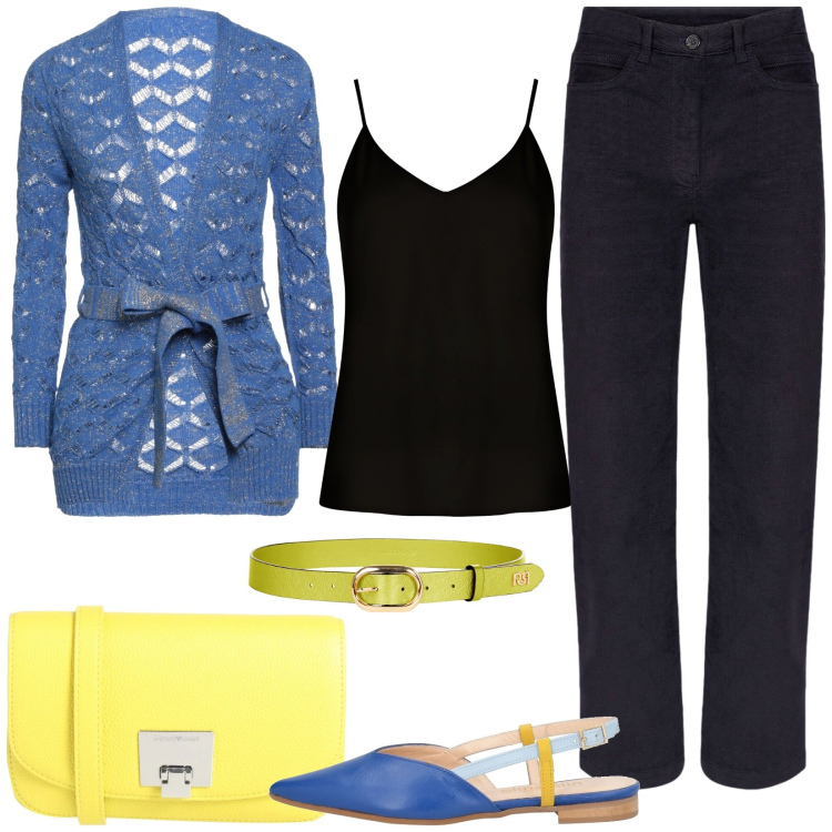 Outfit donna - Accostamenti glamour. Stile Casual chic per Tutti i giorni. Abbinamento con cardigans, borse a tracolla, ballerine, cinture, top, pantaloni.