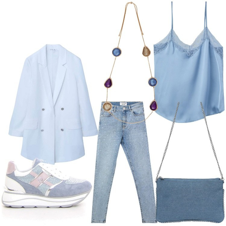 Outfit donna - Cielo di sera. Stile Sporty chic per Serata fuori. Abbinamento con borse a tracolla, blazer, jeans skinny, top, sneakers, collane.