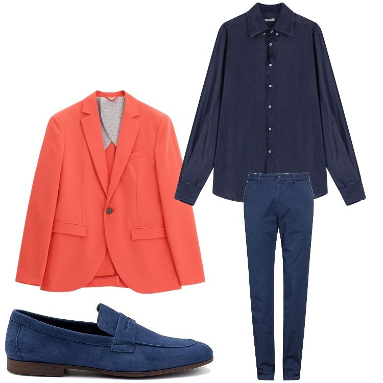 Outfit uomo - Vitamina arancioblu. Stile Business/Elegante per Serata speciale. Abbinamento con pantaloni chino, camicie, giacche, scarpe stringate.