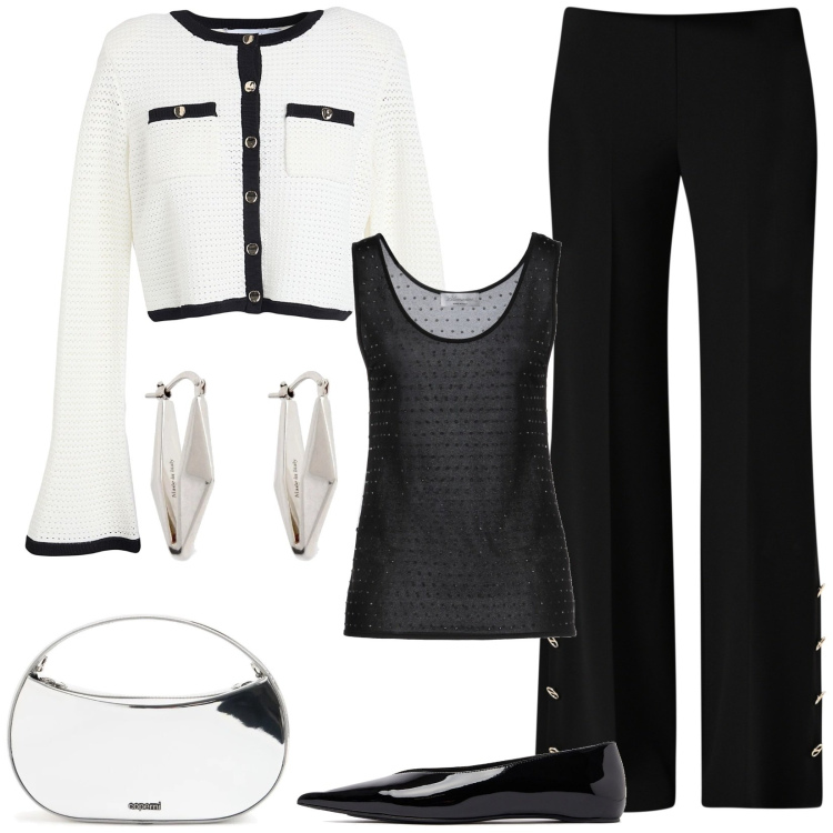 Outfit donna - Perfetta ad ogni ora. Stile Chic per Tutti i giorni. Abbinamento con top, cardigans, pantaloni a palazzo, orecchini, ballerine, borse a mano.