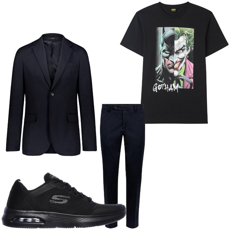 Outfit uomo - Benvenuti a Gotham city. Stile Casual per Tutti i giorni. Abbinamento con t-shirt, giacche, sneakers, pantaloni chino.