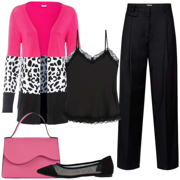 Outfit donna - Maxi cardigan per la sera. Stile Casual chic per Serata fuori. Abbinamento con cardigans, borse a tracolla, ballerine, top, pantaloni.