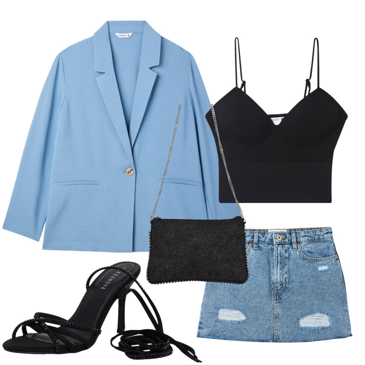 Outfit donna - Terranova - Occasioni Speciali. Stile Rock per Serata fuori. Abbinamento con blazer, top, minigonne, sandali alla schiava, borse a tracolla.