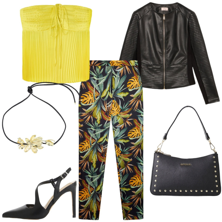 Outfit donna - Urban jungle. Stile Casual chic per Serata fuori. Abbinamento con décolleté, borse a spalla, pantaloni, collane, top, giacche.