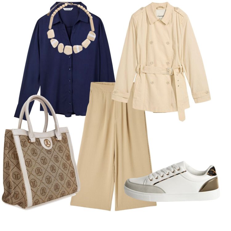 Outfit donna - In giro per la piazza. per Tutti i giorni. Abbinamento con trench, camicie, sneakers, pantaloni a palazzo, borse a spalla, collane.