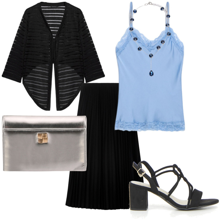 Outfit donna - Stasera si esce. per Serata fuori. Abbinamento con borse a tracolla, gonne longuette, bolero, collane, top, sandali col tacco.
