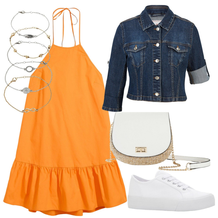 Outfit donna - Arancio brillante. Stile Casual per Tutti i giorni. Abbinamento con sneakers, borse a tracolla, braccialetti con ciondoli, blazer, vestiti corti.