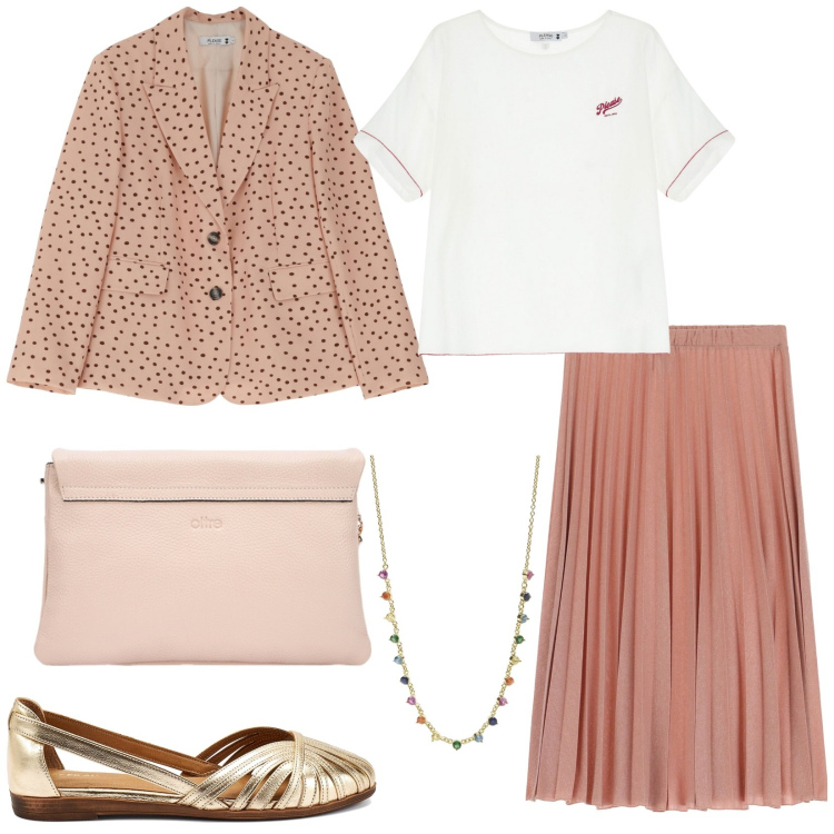 Outfit donna - Pranzo della festa della mamma. Stile Bon Ton per Serata fuori. Abbinamento con collane, gonne, t-shirt, blazer, ballerine, borse a tracolla.