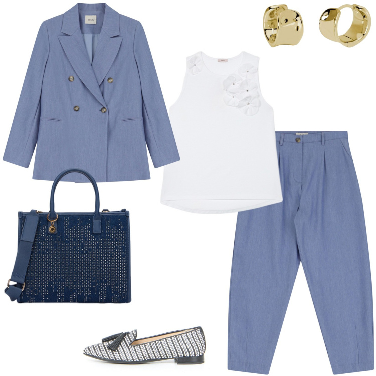 Outfit donna - Stile mannish a maggio. Stile Mannish per Ufficio. Abbinamento con orecchini, pantaloni, blazer, borse a mano, top, mocassini.