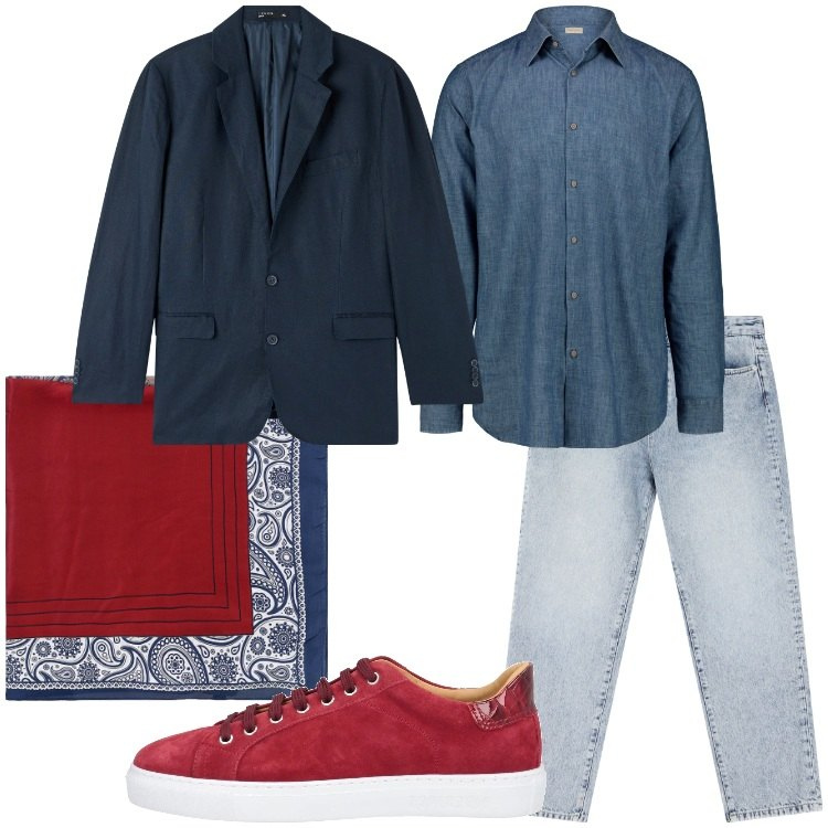 Outfit uomo - Venerdì aperitivo. Stile Trendy per Tutti i giorni. Abbinamento con sneakers, giacche, jeans dritti, sciarpe e foulard, camicie.