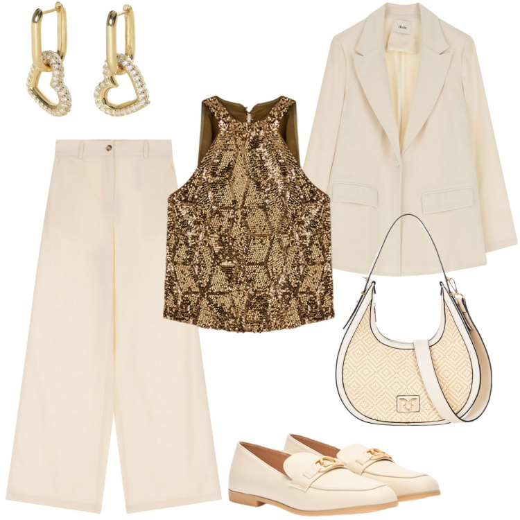 Outfit donna - Stile mannish per una serata glamour. Stile Mannish per Serata fuori. Abbinamento con pantaloni, blazer, orecchini, borse a mano, top, mocassini.