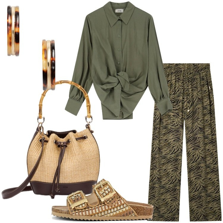 Outfit donna - Giungla cittadina - @pamela. Stile Etnico per Tutti i giorni. Abbinamento con pantaloni, camicie, orecchini, sandali, borse a secchiello.