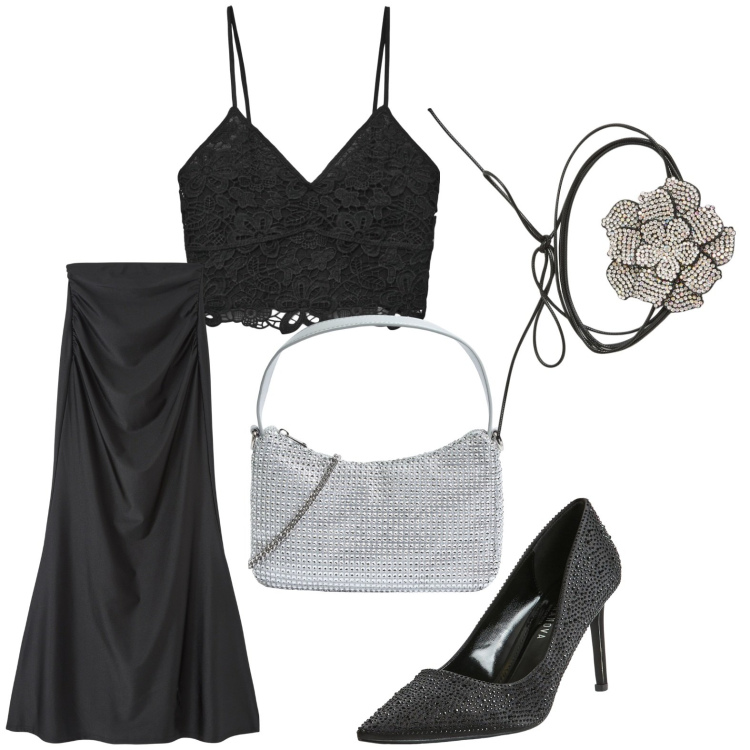 Outfit donna - Occasioni speciali. Stile Glamour per Cerimonia. Abbinamento con gonne lunghe, top, borse a tracolla, décolleté, collane.