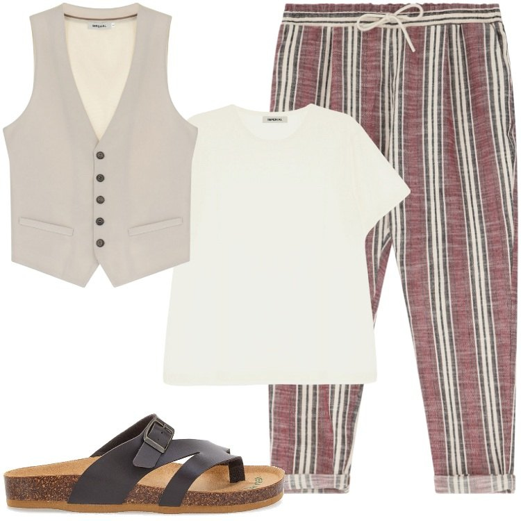 Outfit uomo - Casual in città e al mare. Stile Casual per Tutti i giorni. Abbinamento con pantaloni, gilet, t-shirt, sandali.