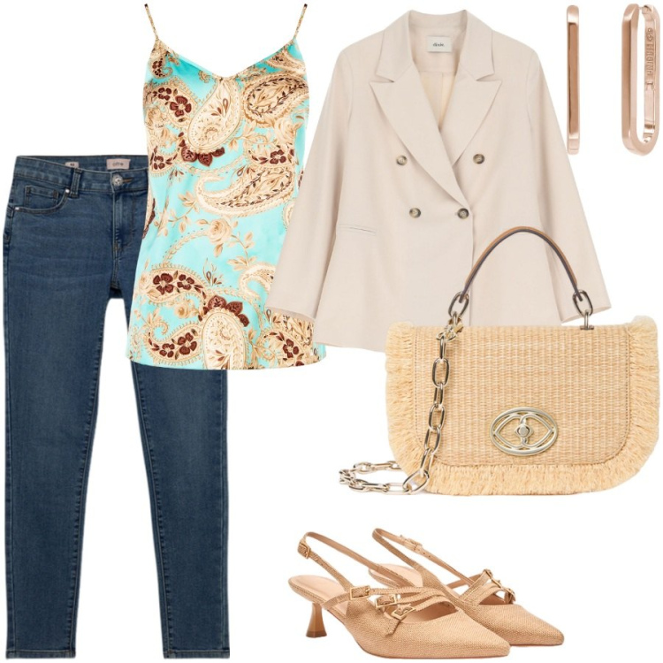 Outfit donna - Il top fantasia. Stile Casual chic per Serata fuori. Abbinamento con blazer, orecchini, top, décolleté, jeans skinny, borse a tracolla.