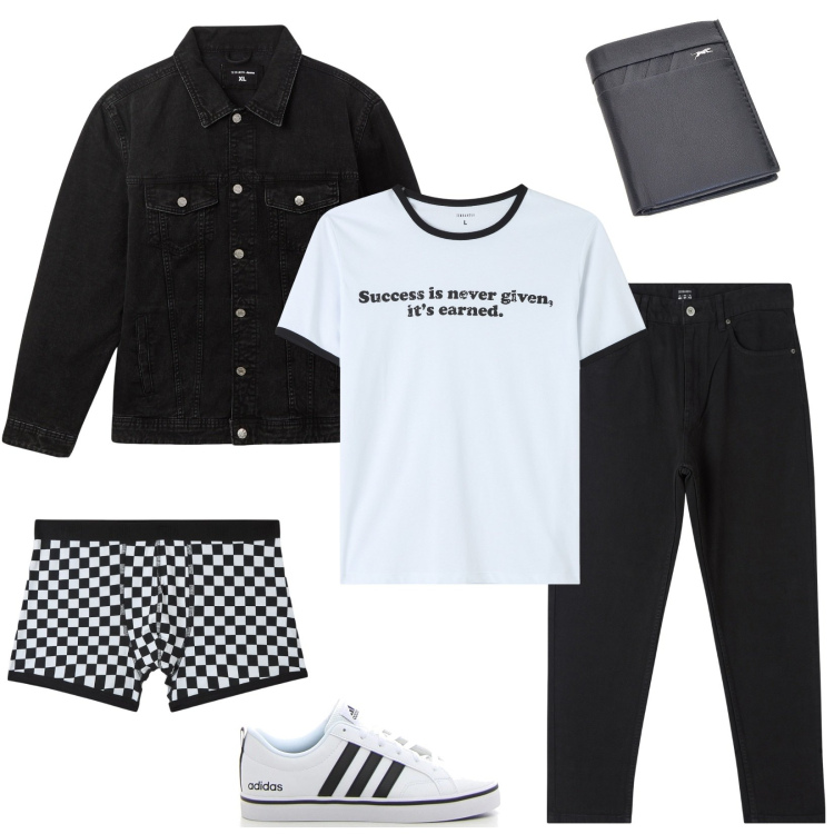 Outfit uomo - Success is never given, it\'s earned.. Stile Casual per Tutti i giorni. Abbinamento con pantaloni, t-shirt, giacche, boxer, portafogli, sneakers.