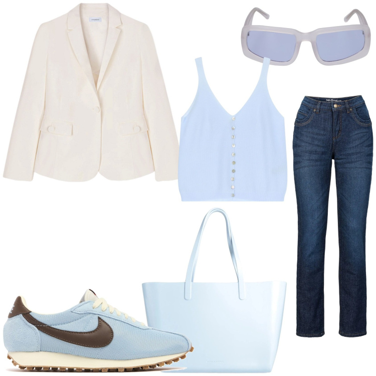 Outfit donna - Esco per la spesa. Stile Casual chic per Tutti i giorni. Abbinamento con jeans dritti, borse a spalla, top, blazer, occhiali da sole, sneakers.