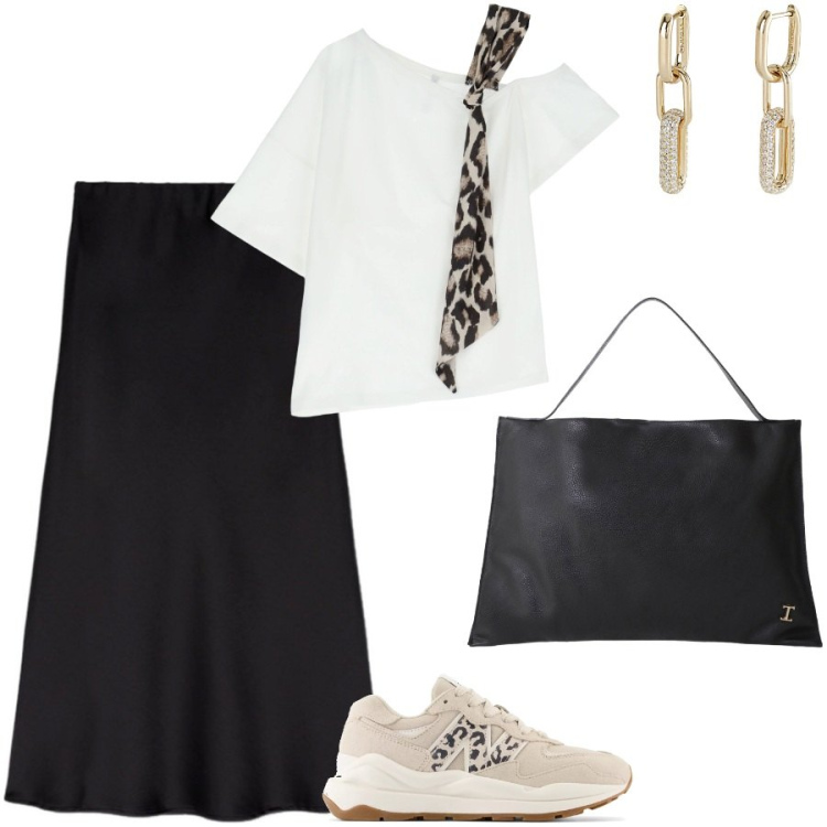 Outfit donna - Dettagli animalier. Stile Casual chic per Ufficio. Abbinamento con orecchini, sneakers, borse a spalla, t-shirt, gonne longuette.