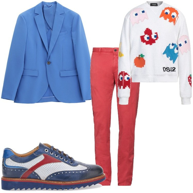 Outfit uomo - Omaggio ai colori. Stile Trendy per Tutti i giorni. Abbinamento con felpe, pantaloni, giacche, scarpe stringate.