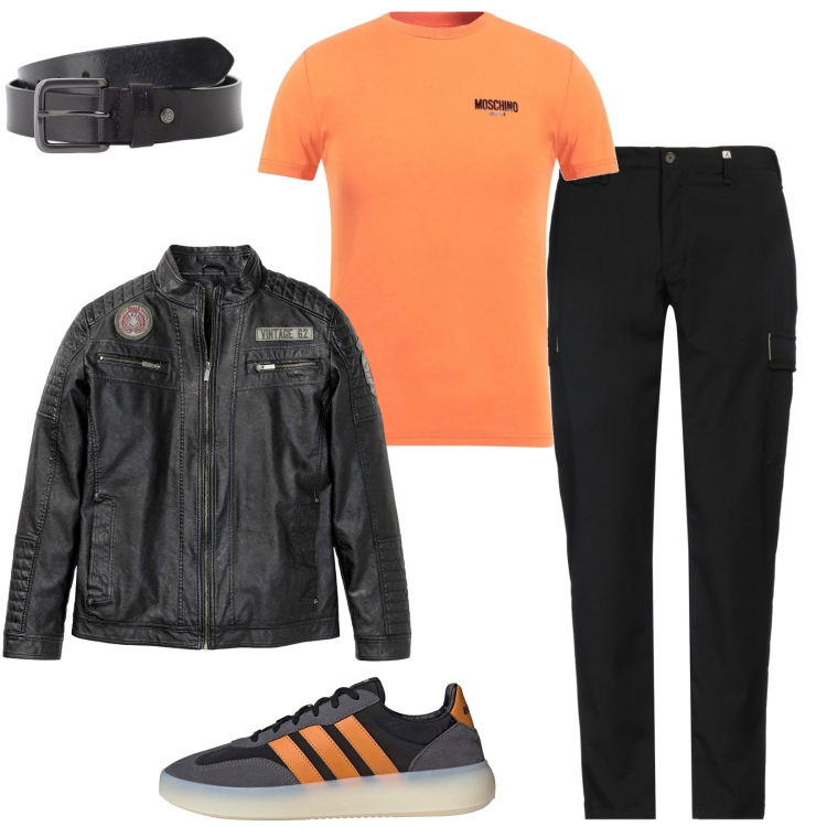 Outfit uomo - La t-shirt vitaminica. Stile Biker Rock per Tutti i giorni. Abbinamento con giacche, pantaloni cargo, t-shirt, cinture, sneakers.