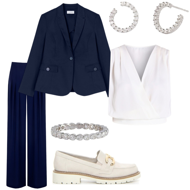 Outfit donna - Mannisch a maggio. Stile Mannish per Ufficio. Abbinamento con anelli, orecchini, top, pantaloni a palazzo, mocassini, blazer.