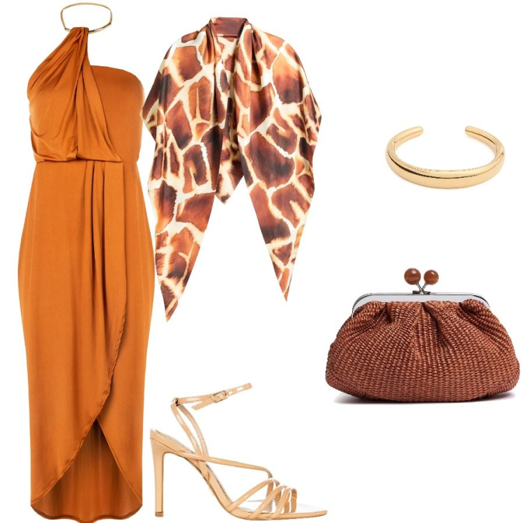 Outfit donna - Invitata al matrimonio. Stile Glamour per Cerimonia. Abbinamento con stole, vestiti, sandali col tacco, pochette, braccialetti.