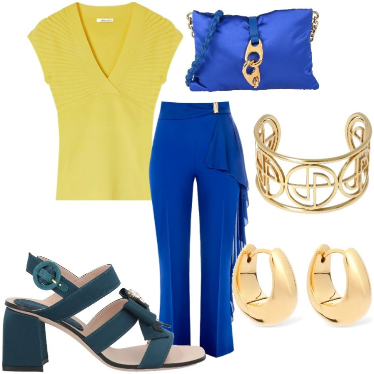 Outfit donna - Baila!. Stile Glamour per Serata fuori. Abbinamento con borse a tracolla, sandali in pelle, pantaloni, braccialetti, t-shirt, orecchini.