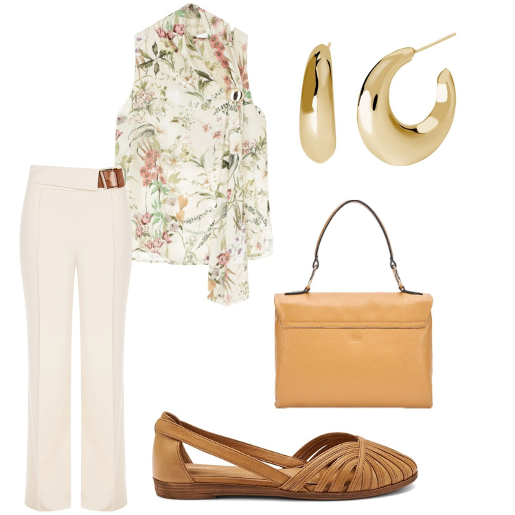 Outfit donna - Pranzo per la festa della mamma. Stile Romantica per Tutti i giorni. Abbinamento con top, orecchini, pantaloni, ballerine, borse a cartella.